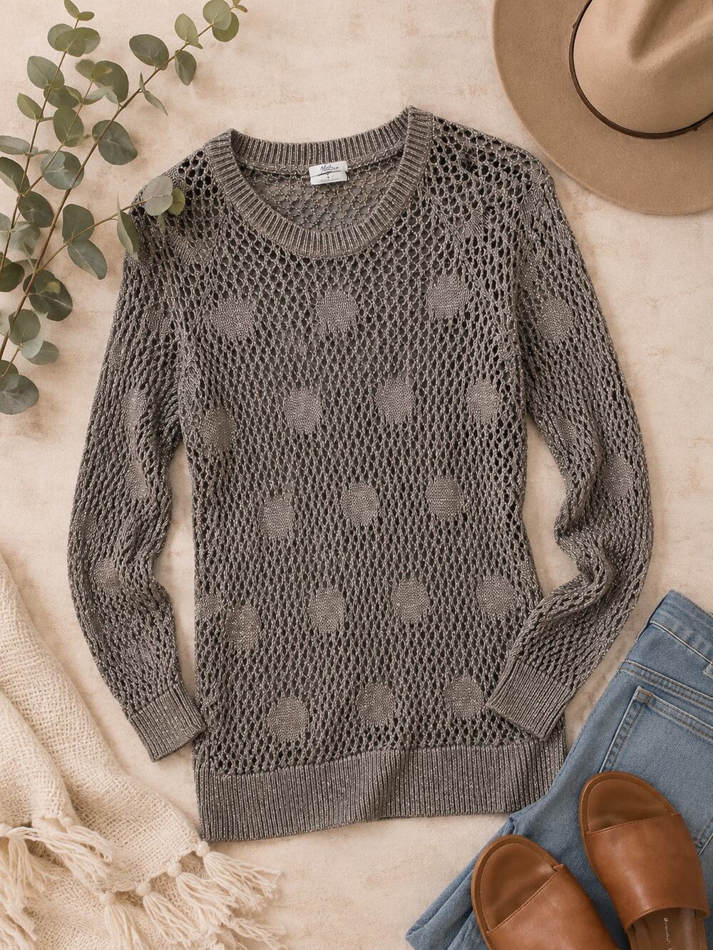 Wallace Taupe Linen Open Knit Sweater Small Textured Polka Dot Lightweight - Picture 1 of 6